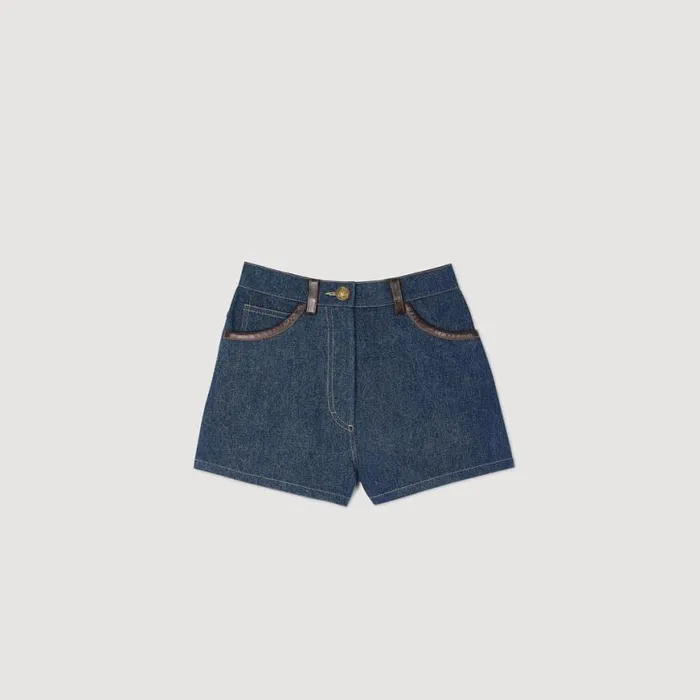 Women Pants and Shorts SANDRO Denim Shorts With Leather Details Blue