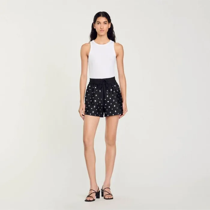 Women Pants and Shorts SANDRO Large Round Stud Shorts Black
