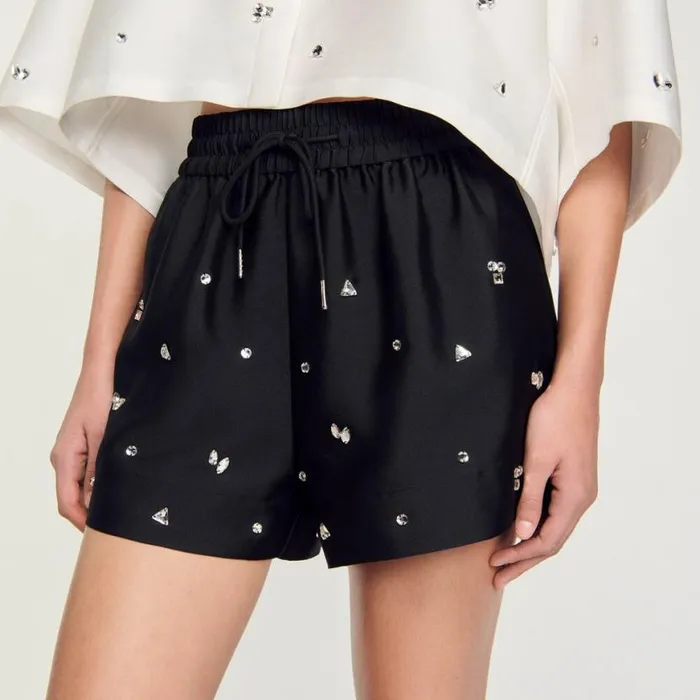Women Pants and Shorts SANDRO Rhinestone Wideleg Shorts Black