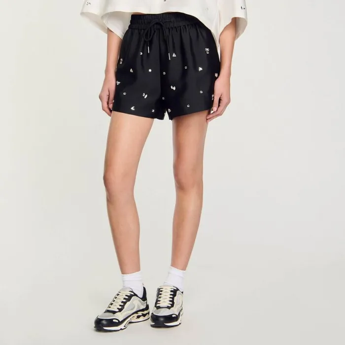 Women Pants and Shorts SANDRO Rhinestone Wideleg Shorts Black