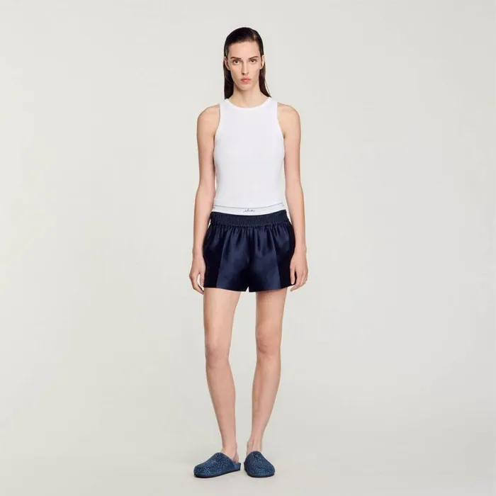 Women Pants and Shorts SANDRO Satin Shorts With Double Waistband Midnight Blue