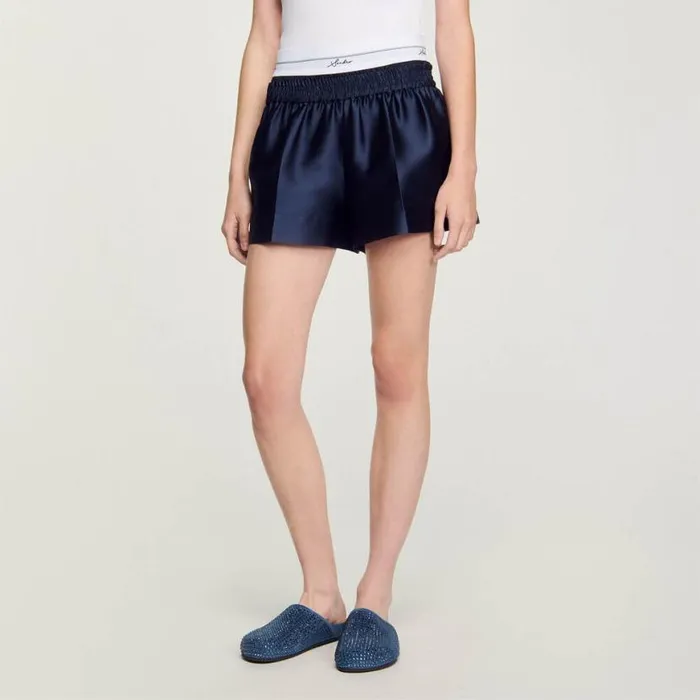Women Pants and Shorts SANDRO Satin Shorts With Double Waistband Midnight Blue