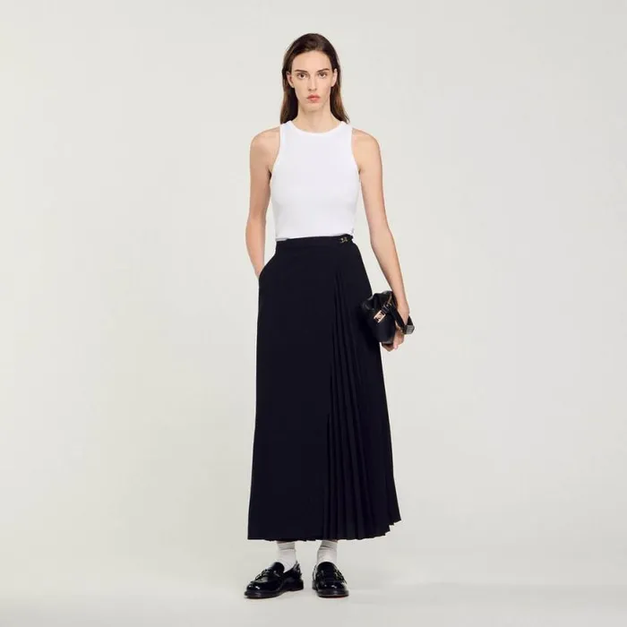 Women Skirts SANDRO Curb Chain Buckle Pleated Skirt Black