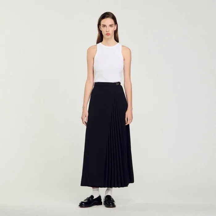 Women Skirts SANDRO Curb Chain Buckle Pleated Skirt Black