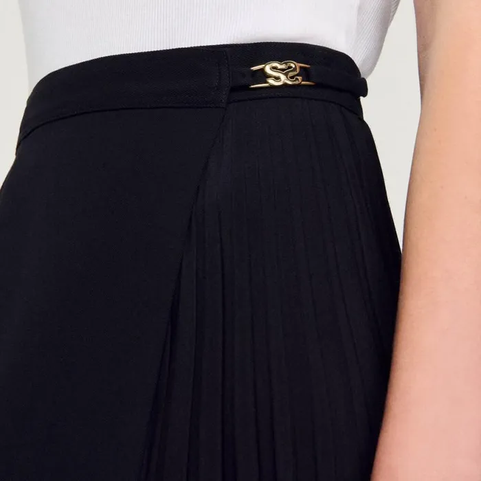 Women Skirts SANDRO Curb Chain Buckle Pleated Skirt Black