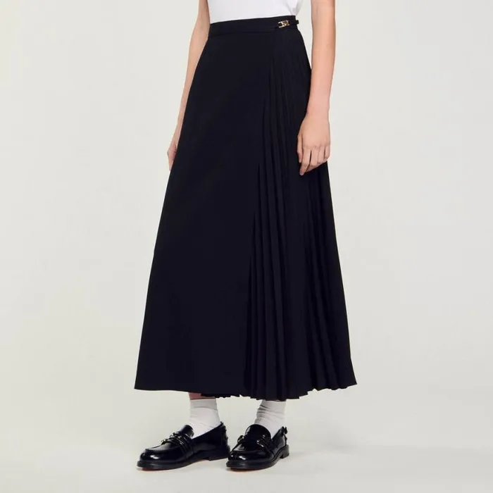 Women Skirts SANDRO Curb Chain Buckle Pleated Skirt Black