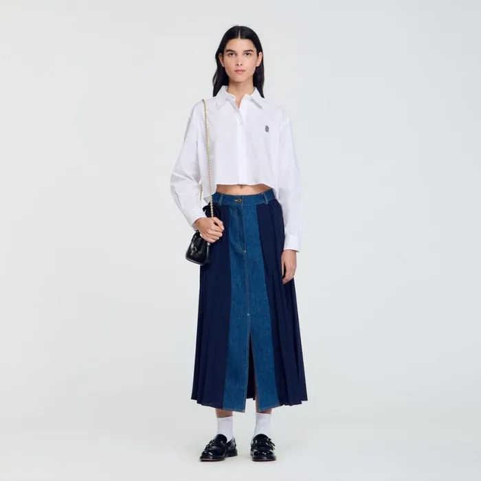 Women Skirts SANDRO Dualmaterial Denim Pleated Skirt Navy Blue