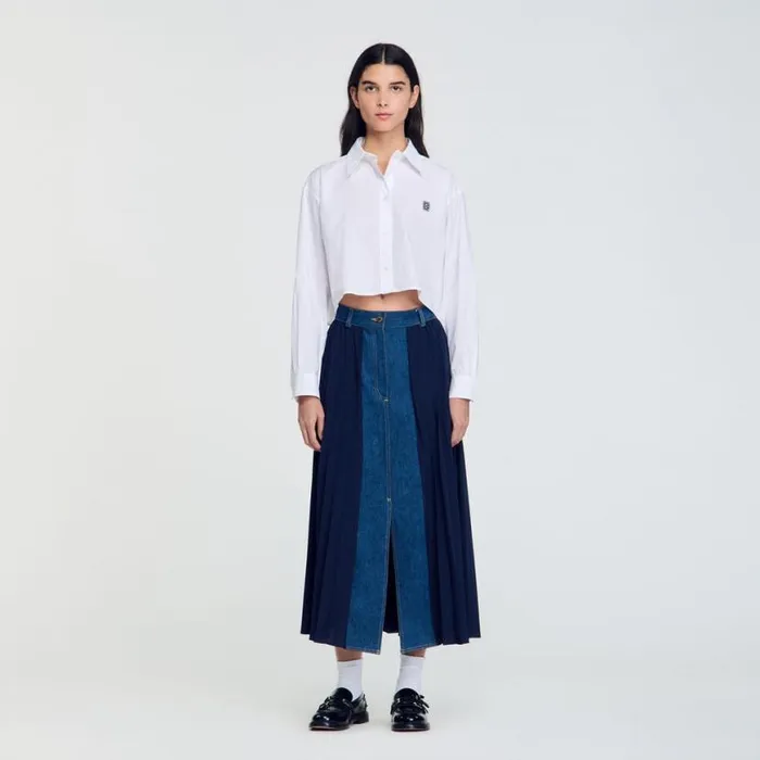 Women Skirts SANDRO Dualmaterial Denim Pleated Skirt Navy Blue