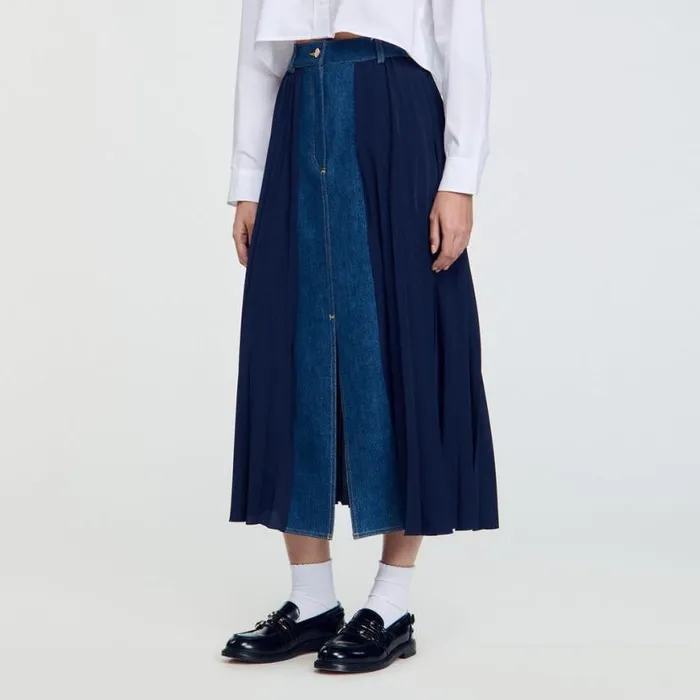 Women Skirts SANDRO Dualmaterial Denim Pleated Skirt Navy Blue