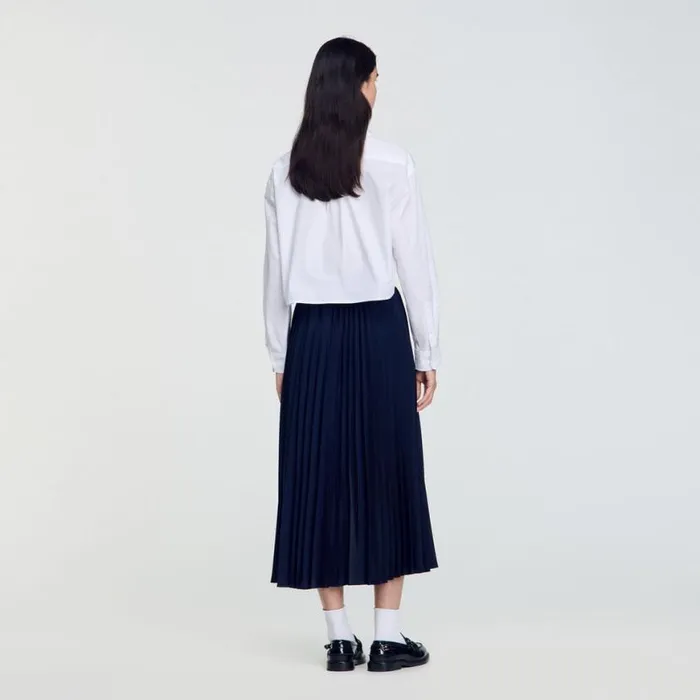 Women Skirts SANDRO Dualmaterial Denim Pleated Skirt Navy Blue