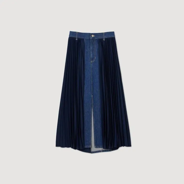 Women Skirts SANDRO Dualmaterial Denim Pleated Skirt Navy Blue