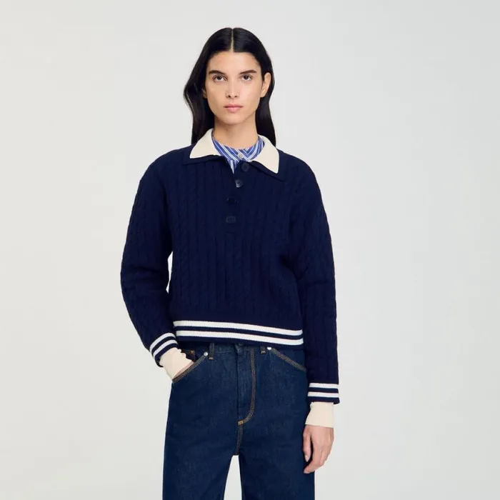 Women Sweaters and Cardigans SANDRO Cable Knit Sweater Navy Blue