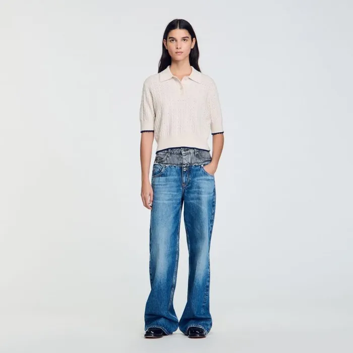 Women Sweaters and Cardigans SANDRO Contrasting Piping Cropped Sweater Ecru