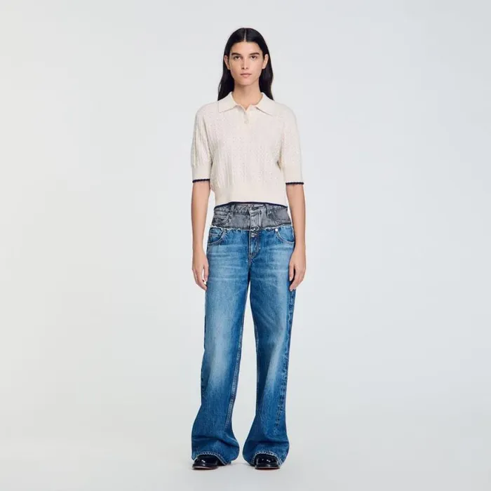 Women Sweaters and Cardigans SANDRO Contrasting Piping Cropped Sweater Ecru