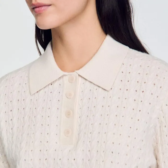 Women Sweaters and Cardigans SANDRO Contrasting Piping Cropped Sweater Ecru