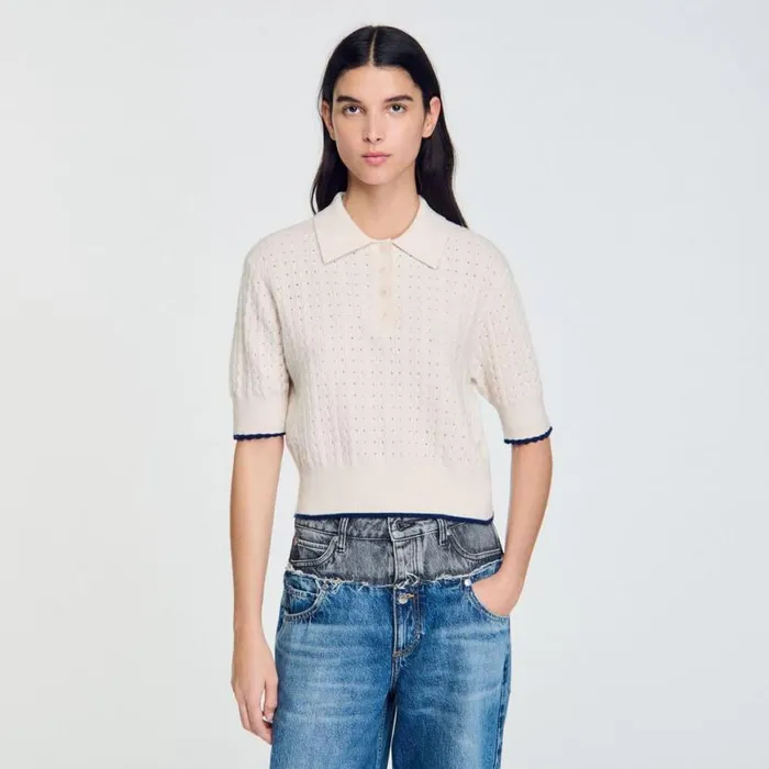 Women Sweaters and Cardigans SANDRO Contrasting Piping Cropped Sweater Ecru