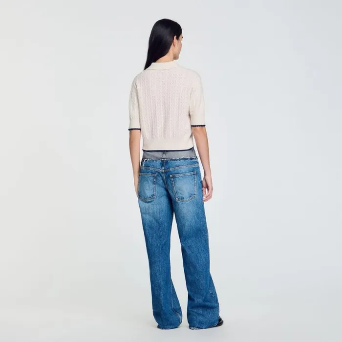 Women Sweaters and Cardigans SANDRO Contrasting Piping Cropped Sweater Ecru