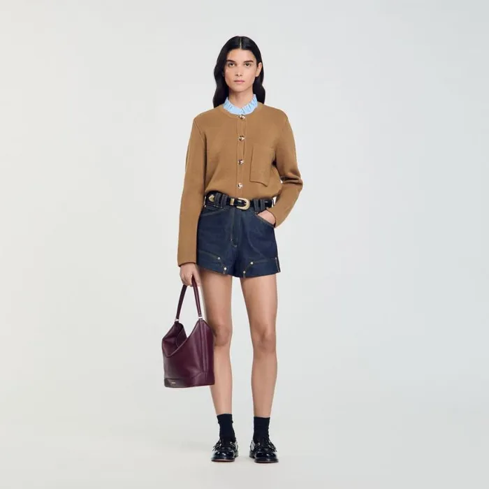 Women Sweaters and Cardigans SANDRO Knit Cardigan With Detachable Collar Camel