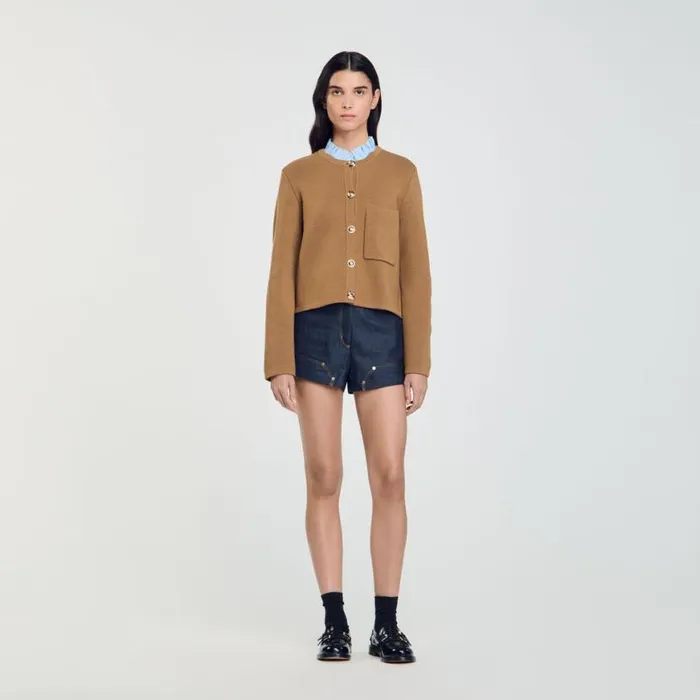 Women Sweaters and Cardigans SANDRO Knit Cardigan With Detachable Collar Camel Women Sweaters and Cardigans SANDRO Knit Cardigan With Detachable Collar Camel