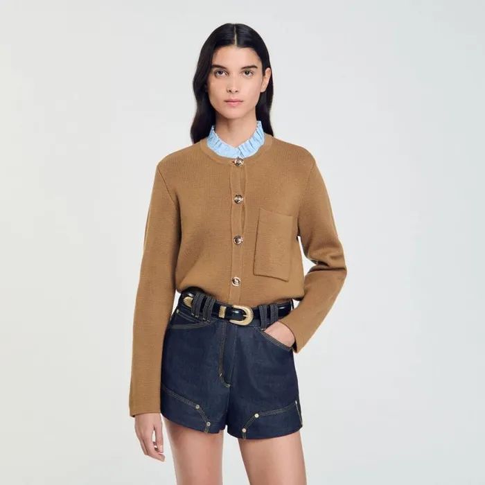 Women Sweaters and Cardigans SANDRO Knit Cardigan With Detachable Collar Camel Women Sweaters and Cardigans SANDRO Knit Cardigan With Detachable Collar Camel