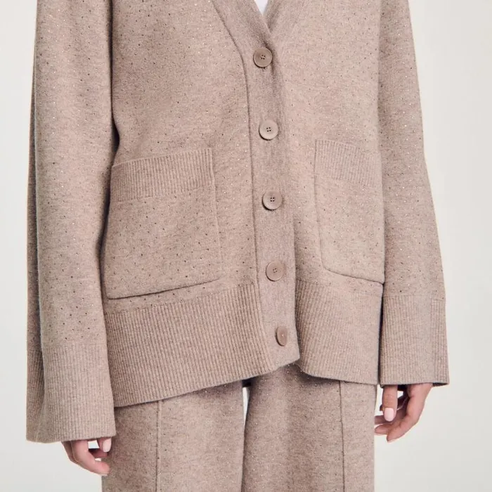 Women Sweaters and Cardigans SANDRO Long Rhinestone Cardigan Beige