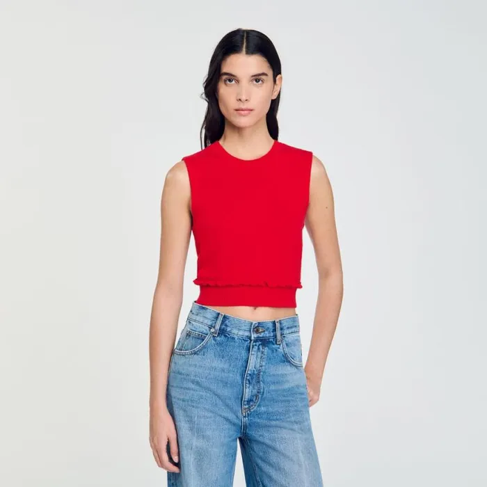 Women Sweaters and Cardigans SANDRO Ruffled Crop Sweater Red