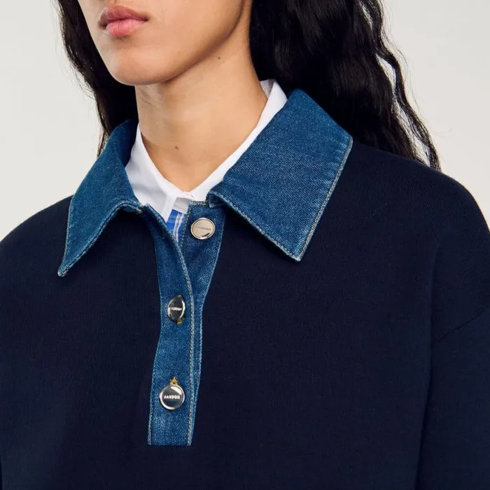 Women Sweaters and Cardigans SANDRO Sweater With Denim Collar Navy Blue
