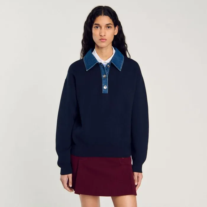 Women Sweaters and Cardigans SANDRO Sweater With Denim Collar Navy Blue