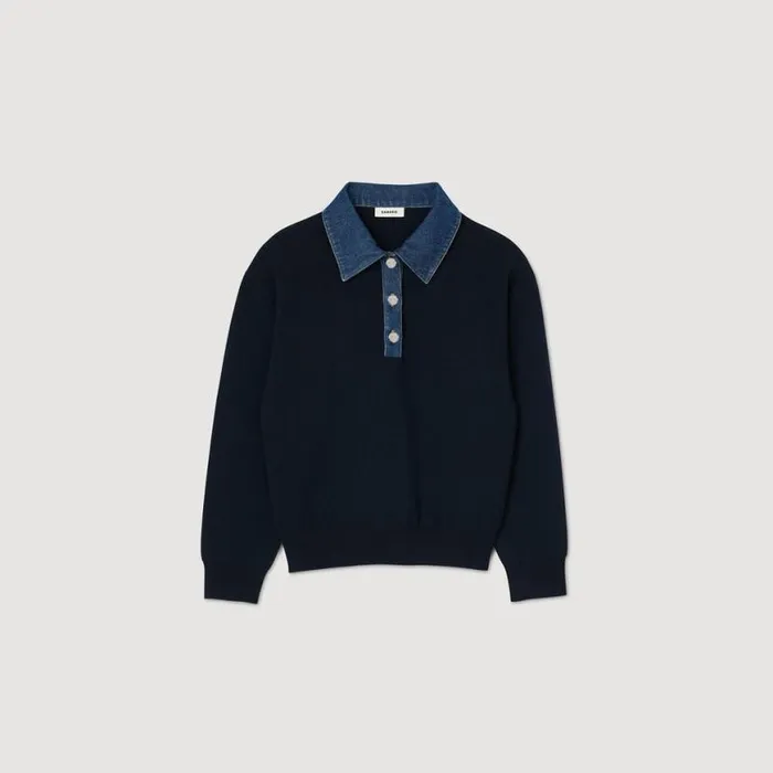 Women Sweaters and Cardigans SANDRO Sweater With Denim Collar Navy Blue