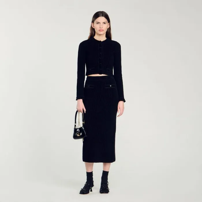 Women Sweaters and Cardigans SANDRO Velvet Knit Cropped Cardigan Black