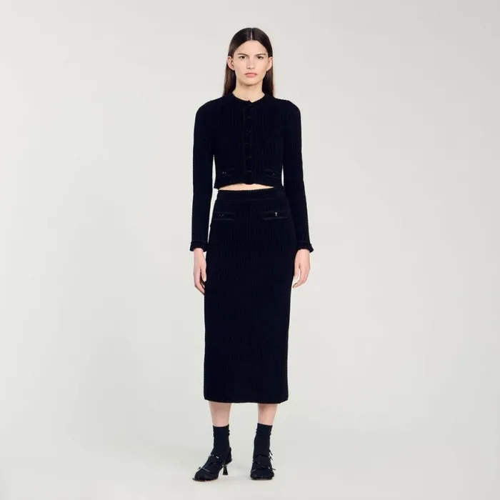Women Sweaters and Cardigans SANDRO Velvet Knit Cropped Cardigan Black