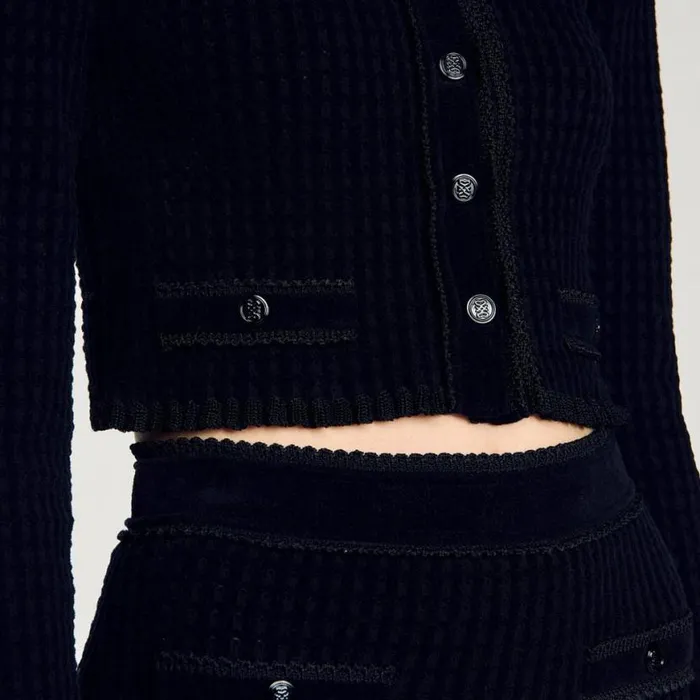 Women Sweaters and Cardigans SANDRO Velvet Knit Cropped Cardigan Black