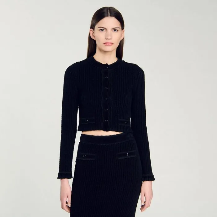 Women Sweaters and Cardigans SANDRO Velvet Knit Cropped Cardigan Black