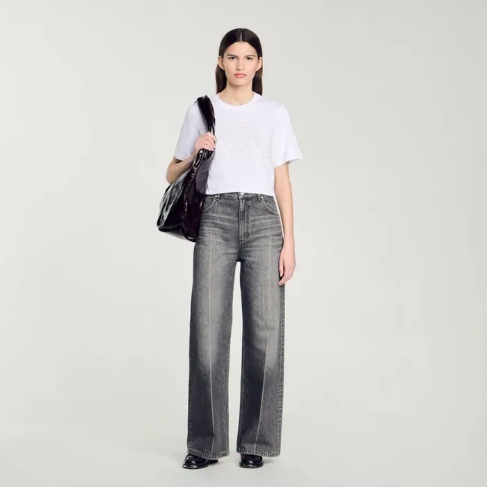 Women Tshirts SANDRO Rhinestone Cropped TShirt White