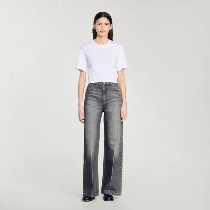 Women Tshirts SANDRO Rhinestone Cropped TShirt White