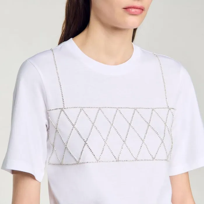 Women Tshirts SANDRO Rhinestone Cropped TShirt White