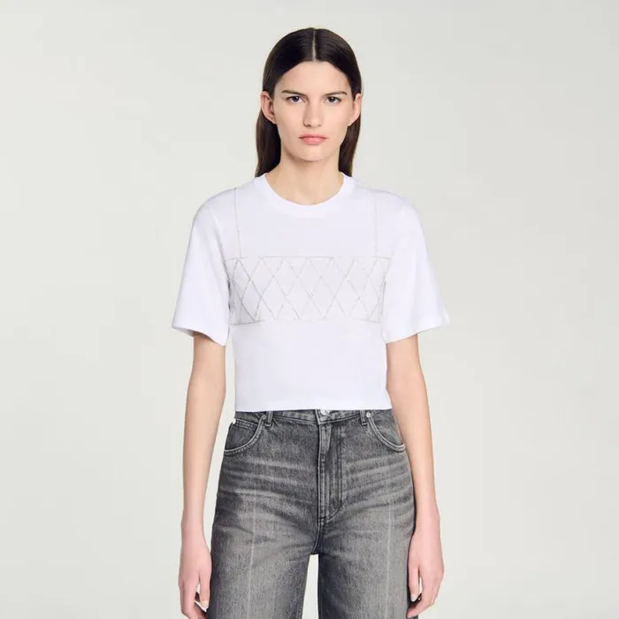 Women Tshirts SANDRO Rhinestone Cropped TShirt White