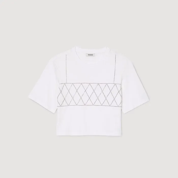 Women Tshirts SANDRO Rhinestone Cropped TShirt White
