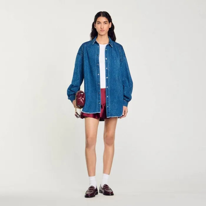 Women Tops and Shirts SANDRO Denim Shirt With Rhinestones Blue Jean