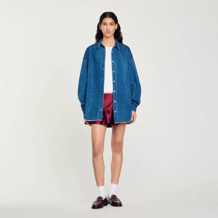Women Tops and Shirts SANDRO Denim Shirt With Rhinestones Blue Jean