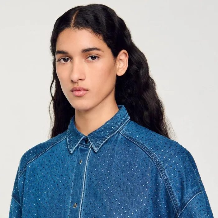Women Tops and Shirts SANDRO Denim Shirt With Rhinestones Blue Jean