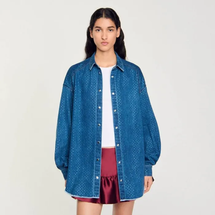 Women Tops and Shirts SANDRO Denim Shirt With Rhinestones Blue Jean