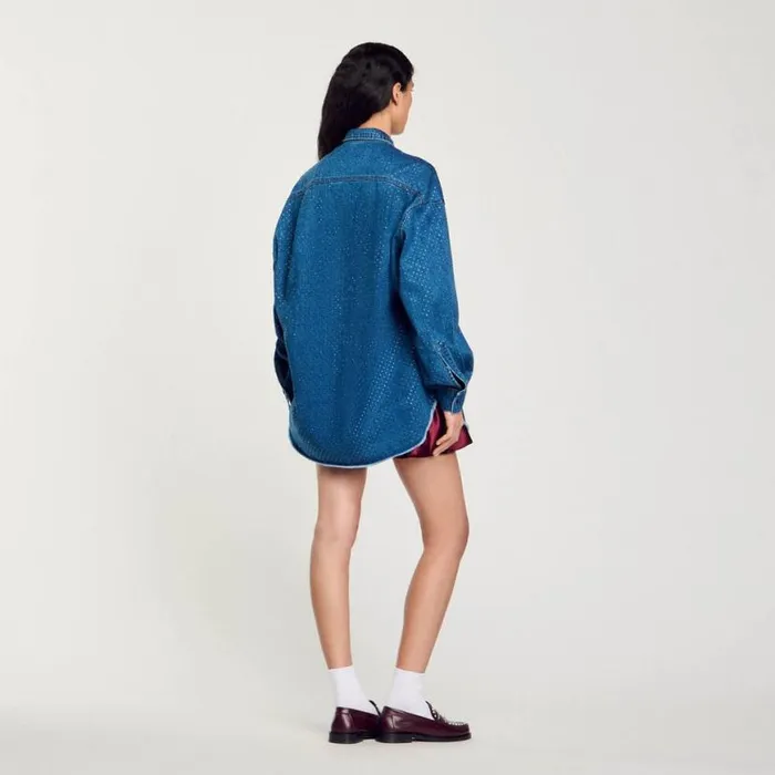 Women Tops and Shirts SANDRO Denim Shirt With Rhinestones Blue Jean