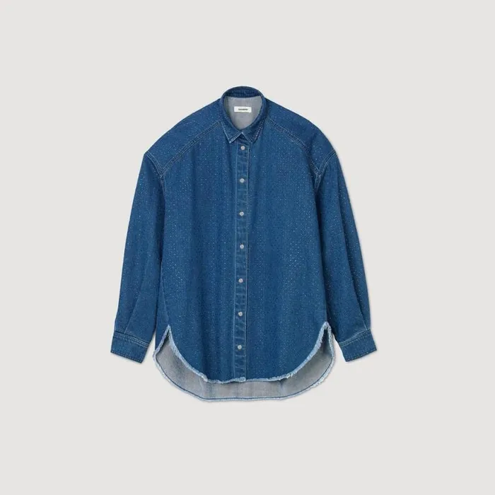 Women Tops and Shirts SANDRO Denim Shirt With Rhinestones Blue Jean