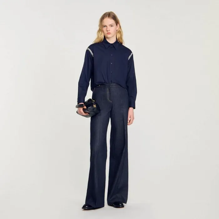 Women Tops and Shirts SANDRO Denim Shirt With Rhinestones Navy Blue