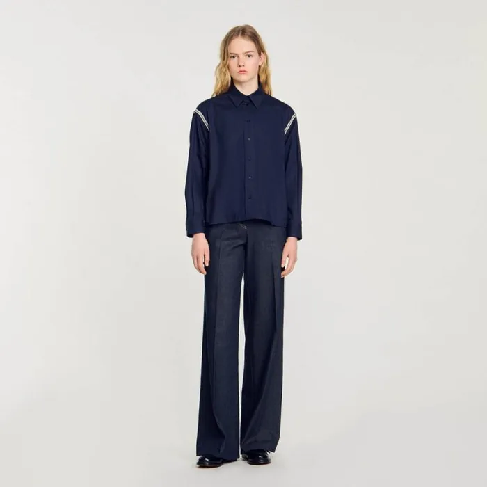 Women Tops and Shirts SANDRO Denim Shirt With Rhinestones Navy Blue