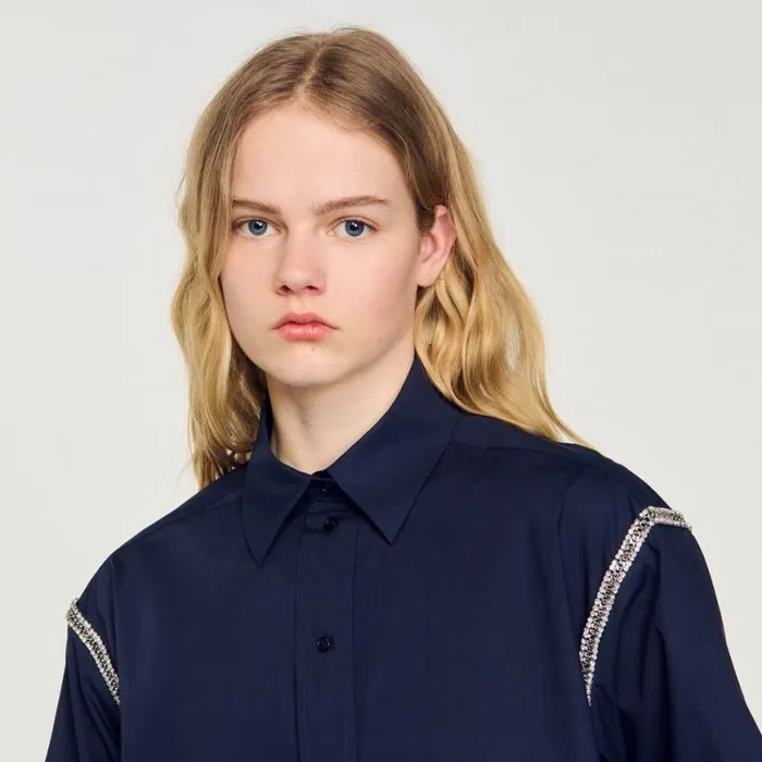 Women Tops and Shirts SANDRO Denim Shirt With Rhinestones Navy Blue