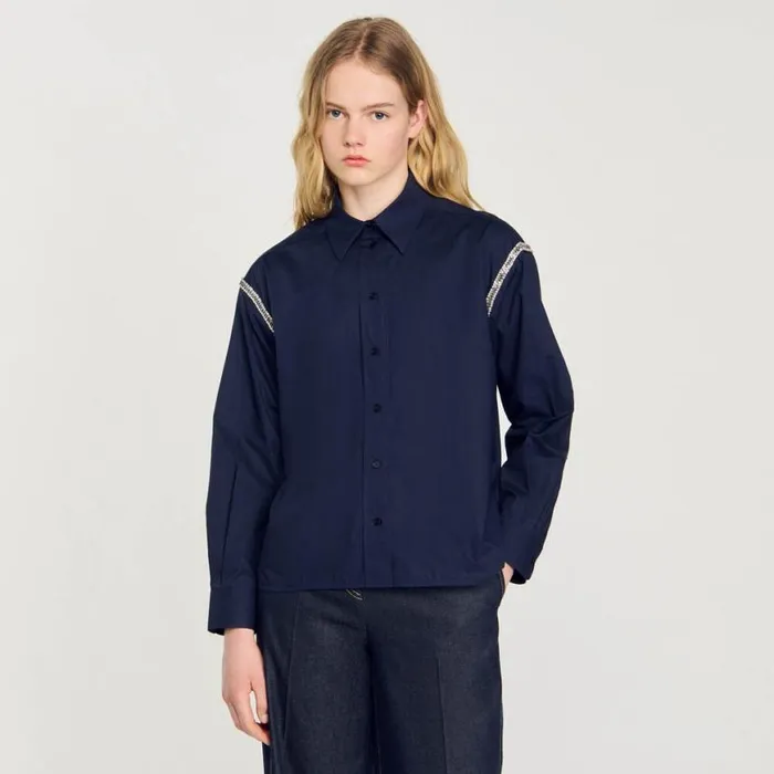 Women Tops and Shirts SANDRO Denim Shirt With Rhinestones Navy Blue