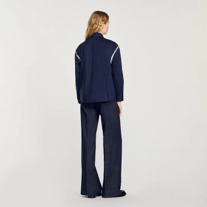 Women Tops and Shirts SANDRO Denim Shirt With Rhinestones Navy Blue