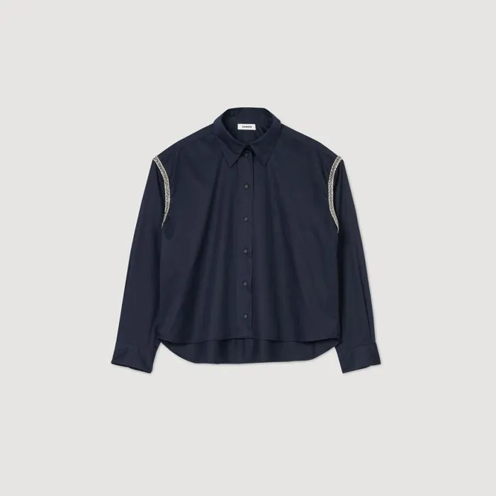 Women Tops and Shirts SANDRO Denim Shirt With Rhinestones Navy Blue